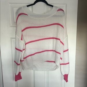 Women's White and Pink Striped Sweater